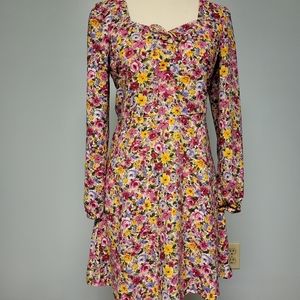 Loft floral dress, long sleeved, pink and yellow, 0 Petite